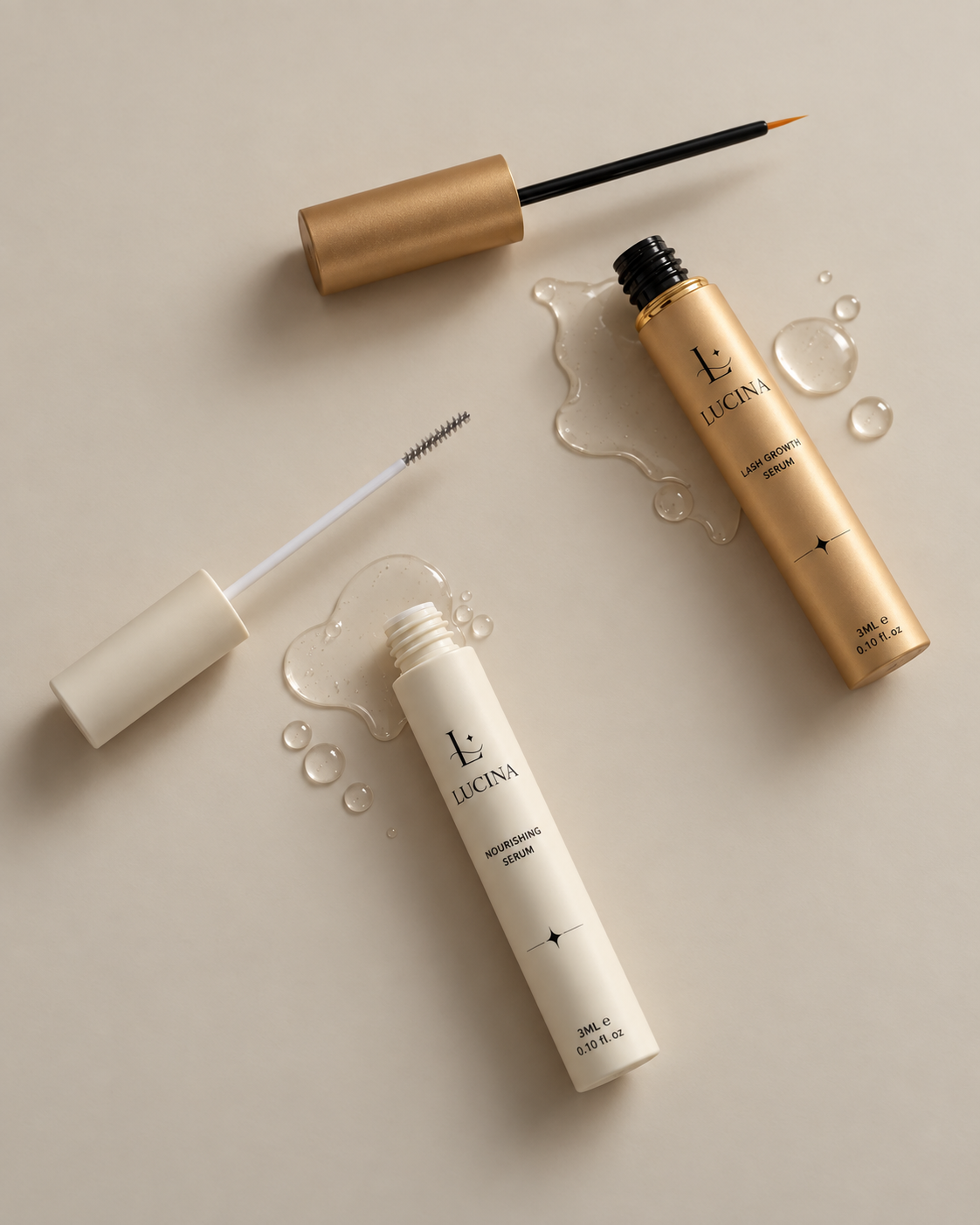 LUCINA Lash Growth Serum and Nourishing Serum open with clear serum texture