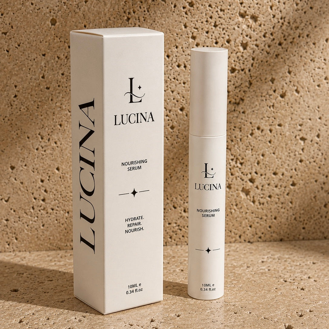 Lucina eyelash and brow serum packaging on a textured beige background brow lamination and lash lift aftercare