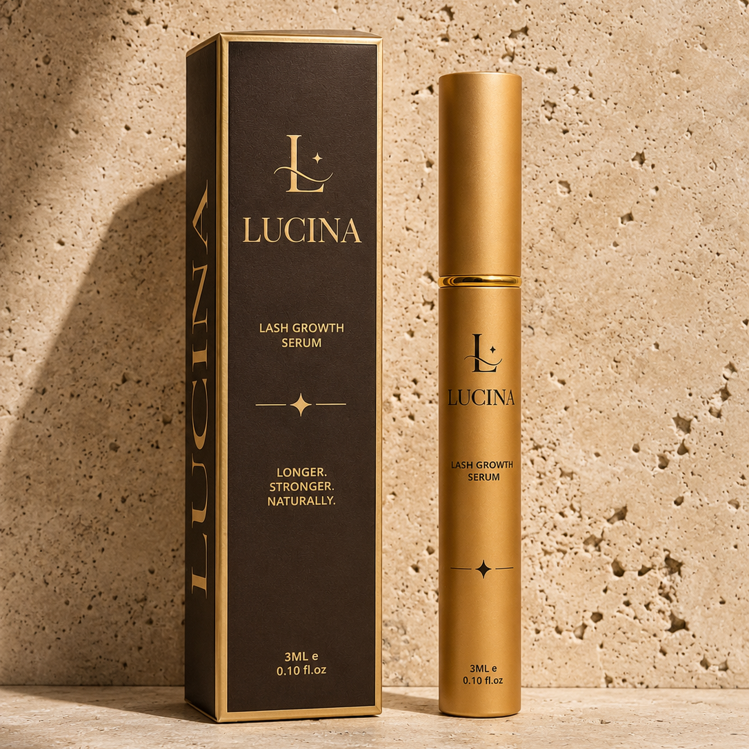 Lucina lash growth serum packaging on a textured beige background
