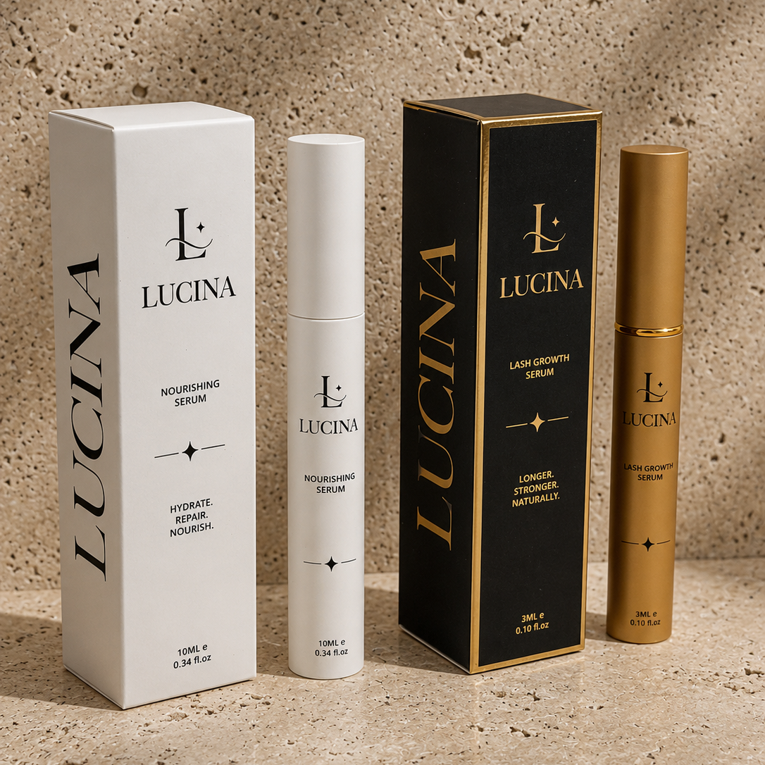Lucina lash and brpw products including a serum, and boxes on a textured beige background